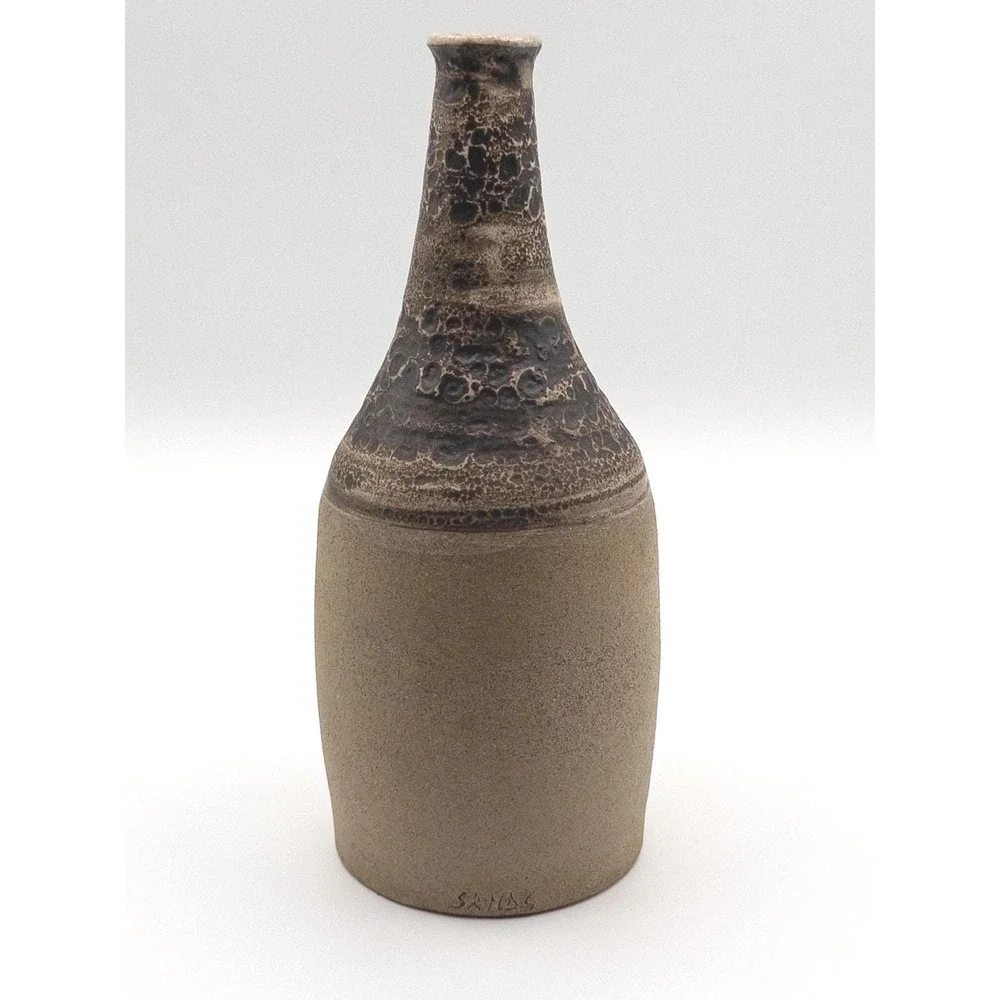 Karen Sands Obvara Studio Pottery Vase Handcrafted Brown Tan Signed 9in Vintage